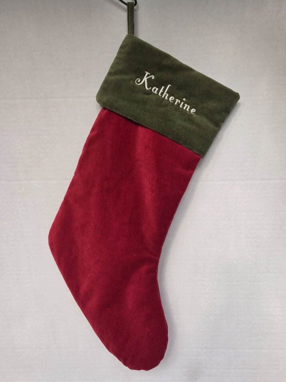 Pottery Barn Basic Cotton Velvet Christmas Stocking Green Red Monogram Katherine